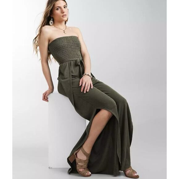 Daytrip One Piece Jumpsuit Sz M Olive Green Stretch Smocked Strapless Split Leg - Picture 10 of 10